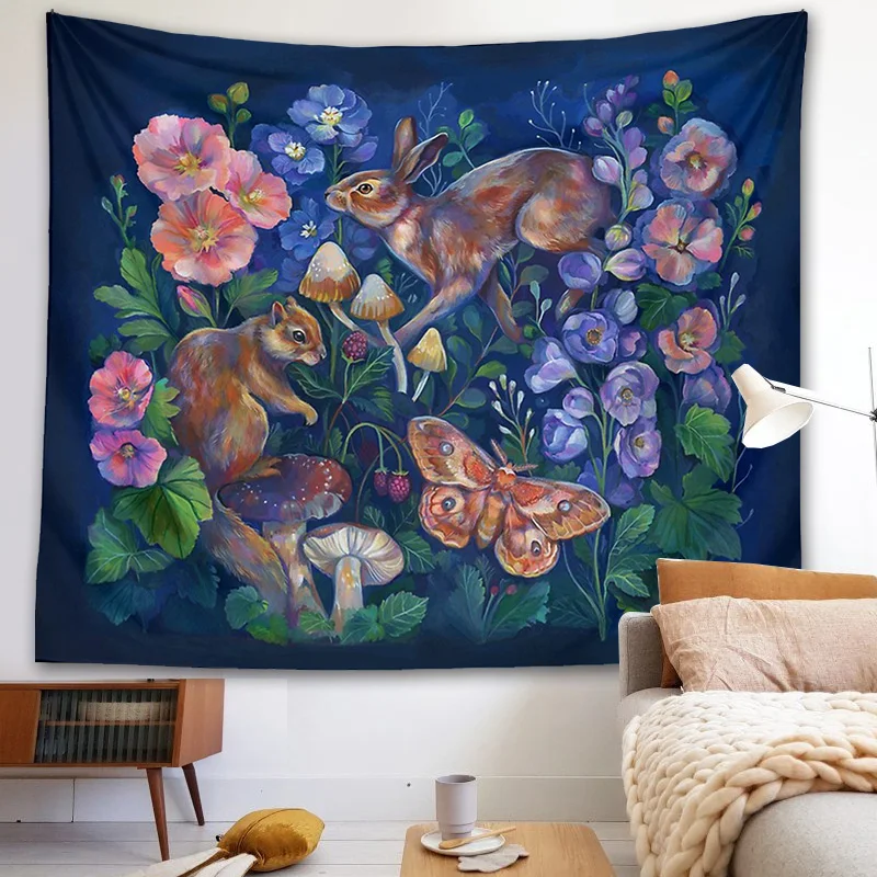 Rabbit Floral Garden Tapestry Wall Hanging Print Wildflower Mushroom Moth Bohemian Wall Cloth Skeleton Rose Flower Blanket Decor