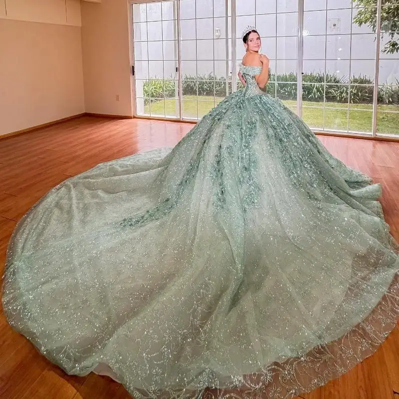 Mint Green Sweetheart Ball Gown Quinceanera Dresses Sweet 16. Princess Sequin Applique Lace Flower Beads Tull Vestidos 15 De Anos