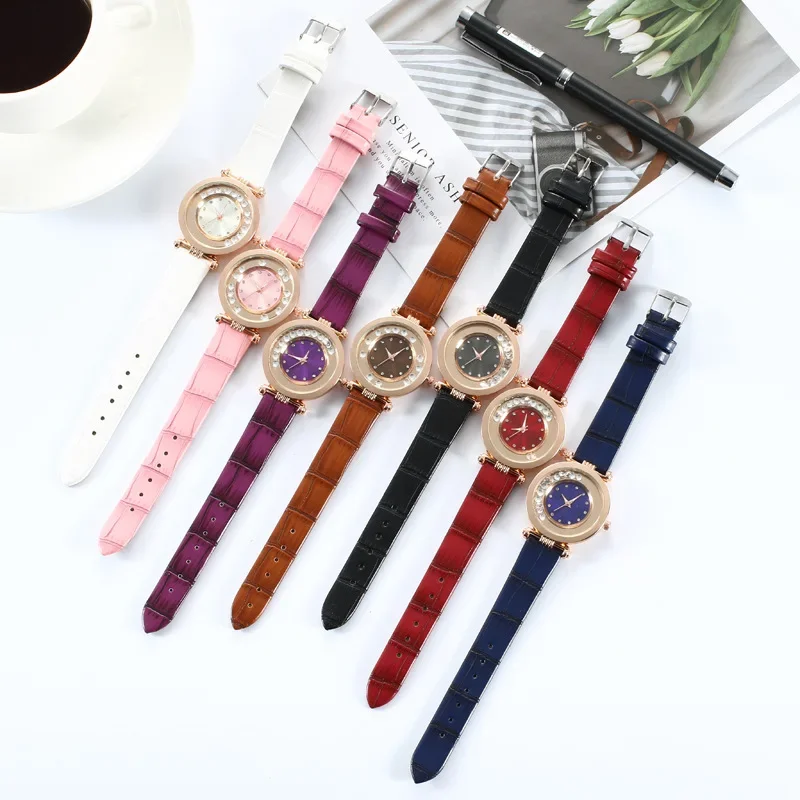 Relojes de lujo para Mujer, Reloj con correa de cuero y diamantes, Reloj de cuarzo analógico