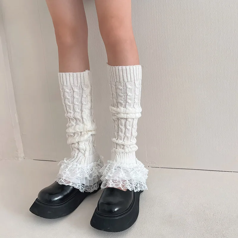 Autumn And Winter New Multi-Layer Lace Fried Dough Twists Stripe Knitted Hosiery Jk College Style Stockings Elephant Leg Socks