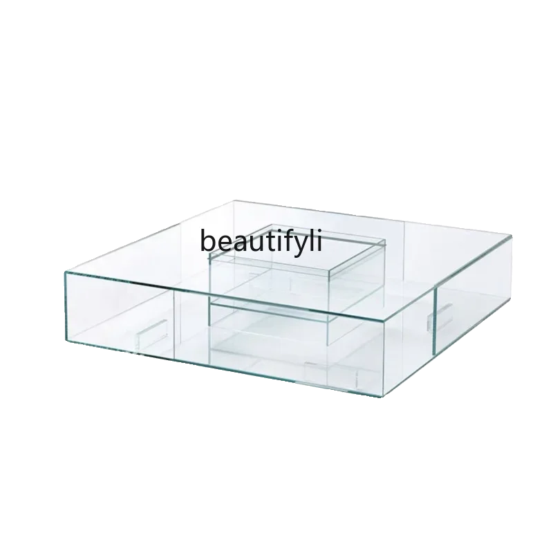 Italian Designer Creative Transparent Flame Tempered Glass Coffee Table Living Room Italian Minimalist Square Low Table