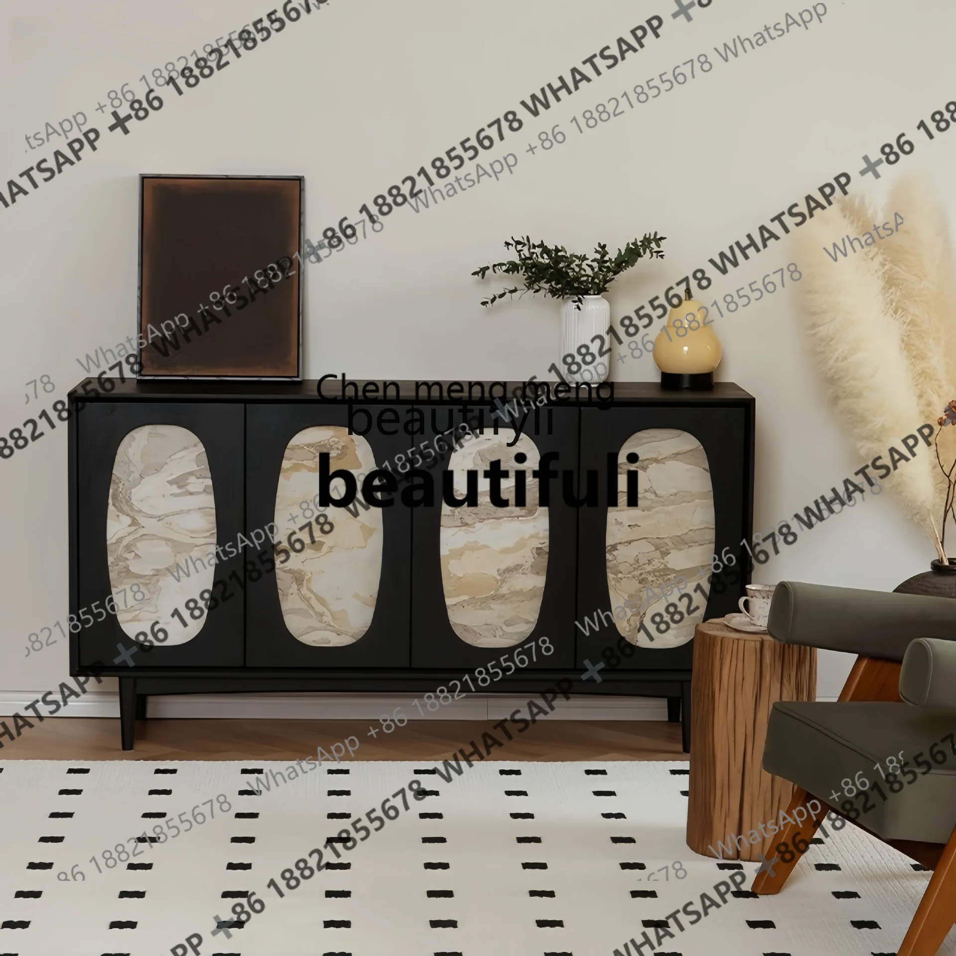 

X Side cabinet, retro solid wood dining side, natural stone cabinet door, living room storage cabinet