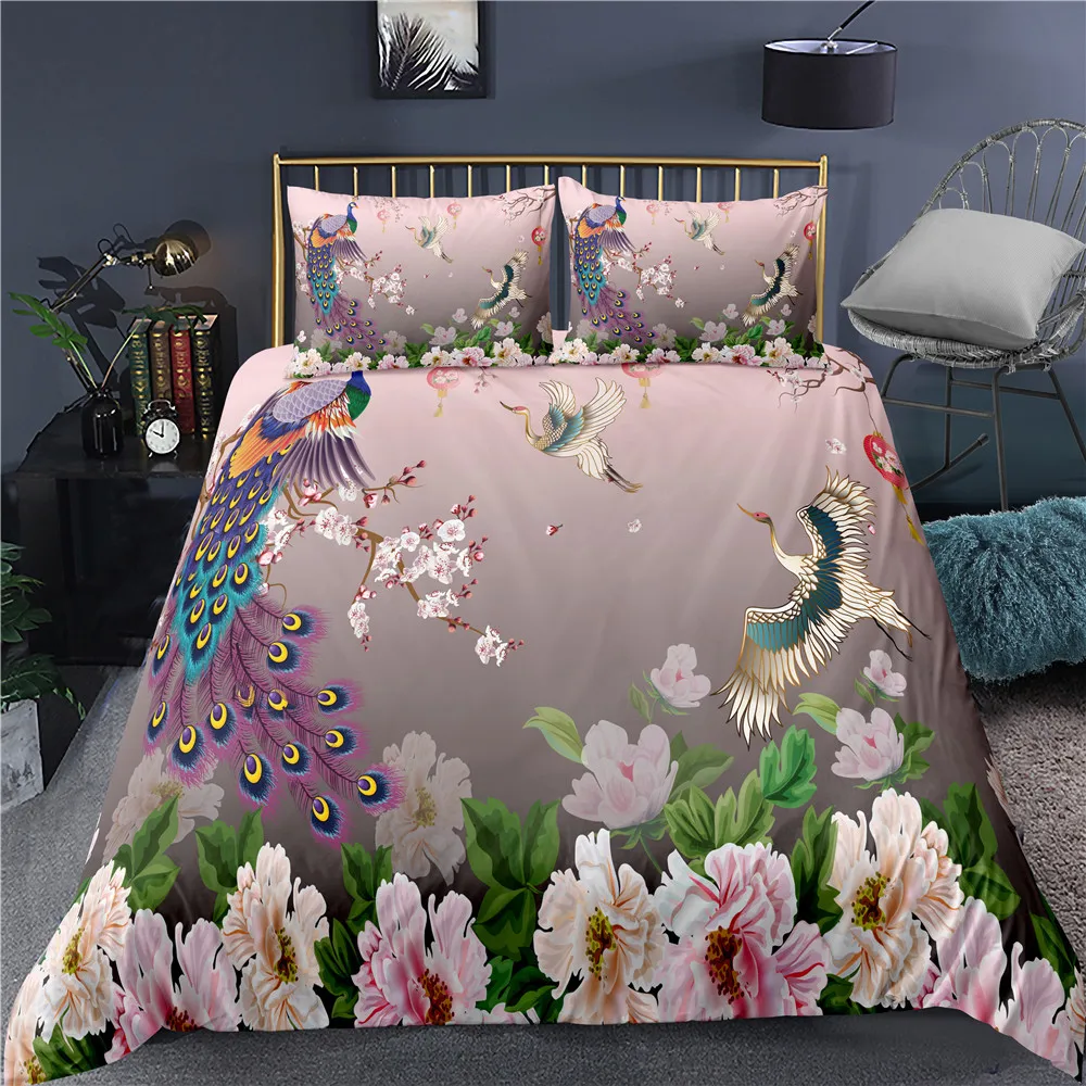 

Peacock Duvet Cover Plum Blossom Decor Bedding Set King Size Crane Peacock Feather Floral Pattern Romantic Quilt Cover