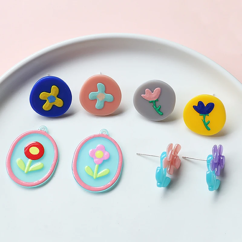 1pcs Lovely Versatile Geometric Color Flower Tulips S925 Silver Needle Diy Jewelry Earrings Accessories Handmade Materials