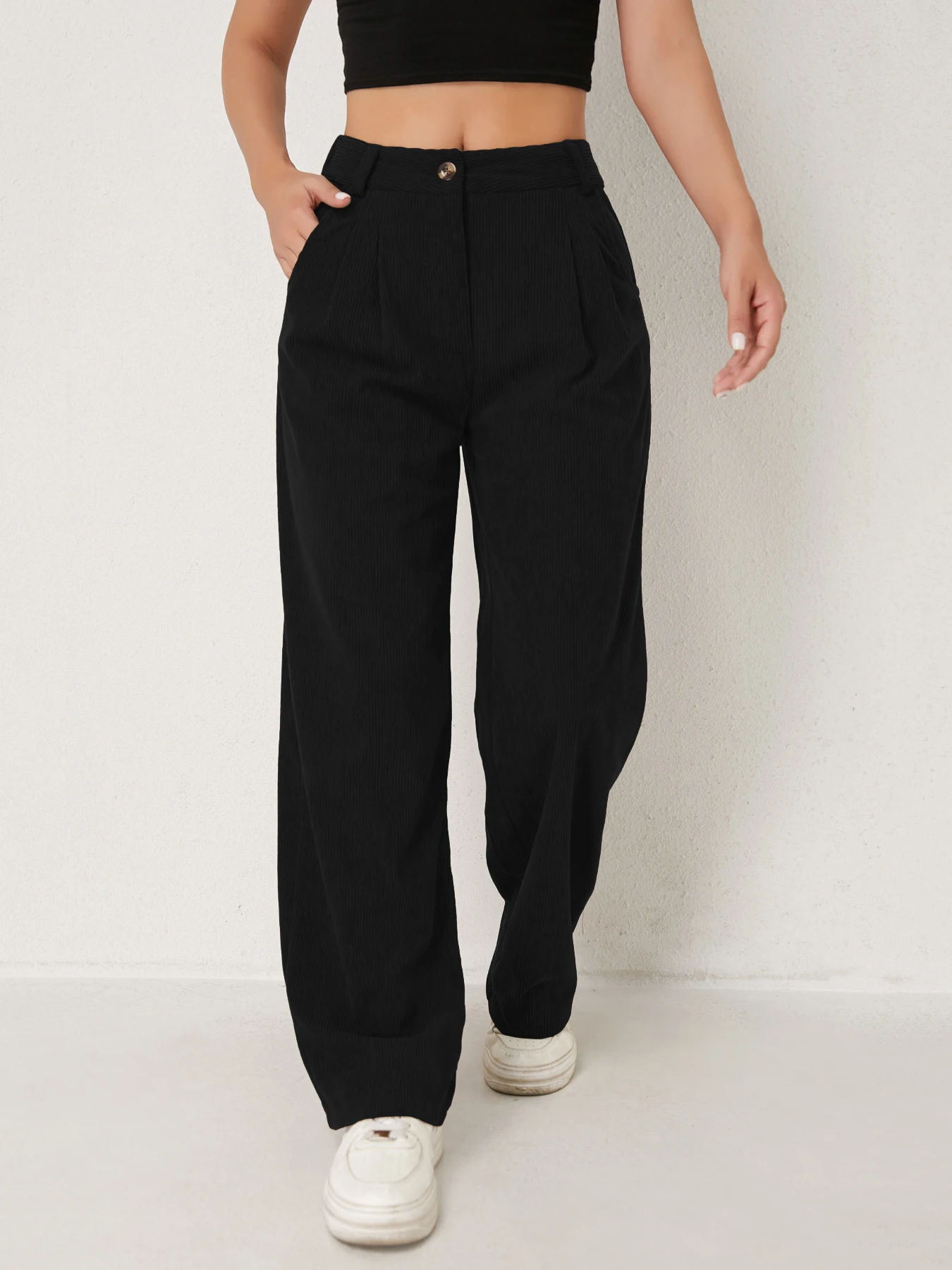 Neue Herbst- und Winter-Freizeitanzüge für Damen in Unifarben aus Cord mit weitem Bein und geraden, samtartigen Hosen, die schlank aussehen – Detail 24