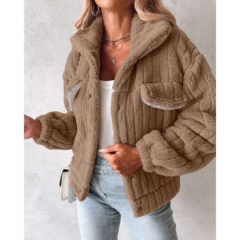 Giacca Teddy abbottonata con colletto rovesciato Y2K vestiti eleganti donna elegante inverno manica lunga peluche sciolto caldo cappotto spesso