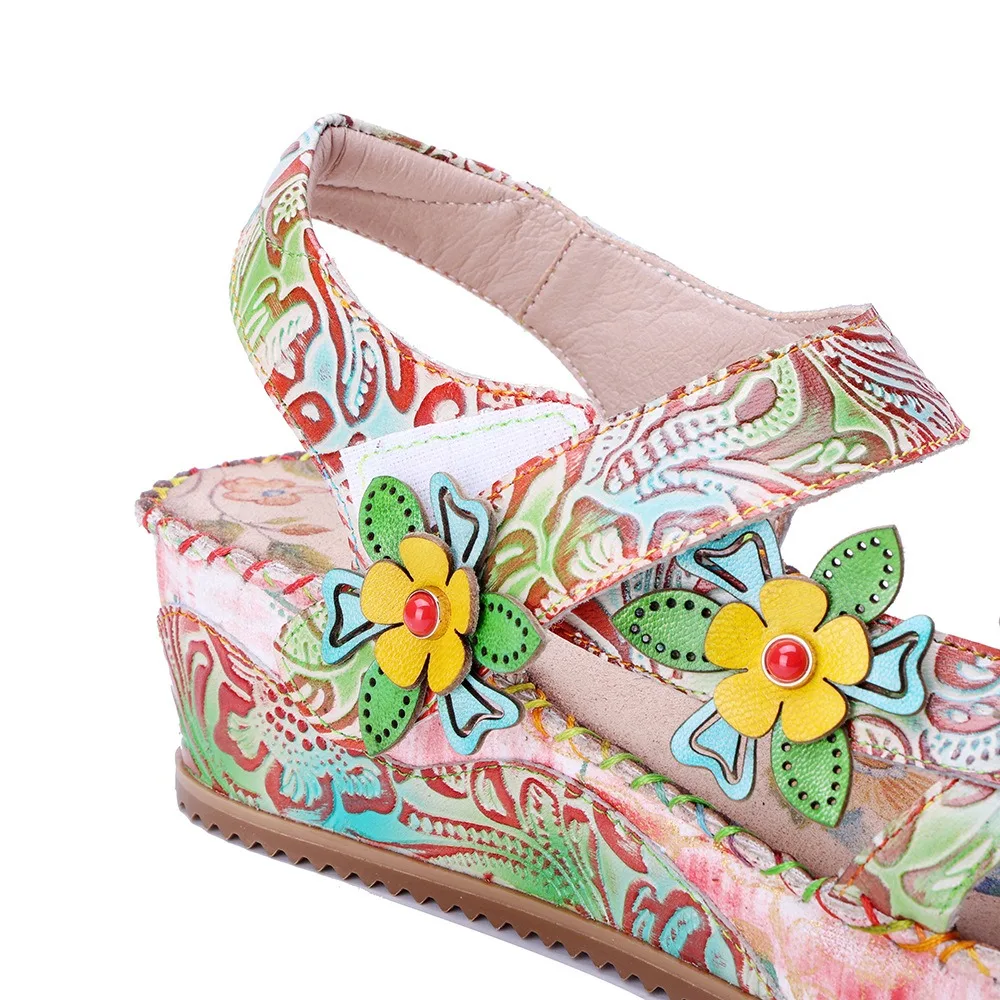 Birkuir Genuine Leather Flowers Wedges Sandals For Women Thick Heel Hook Loop Slides Mixed Colors Beach Sandals Big Size 41 42