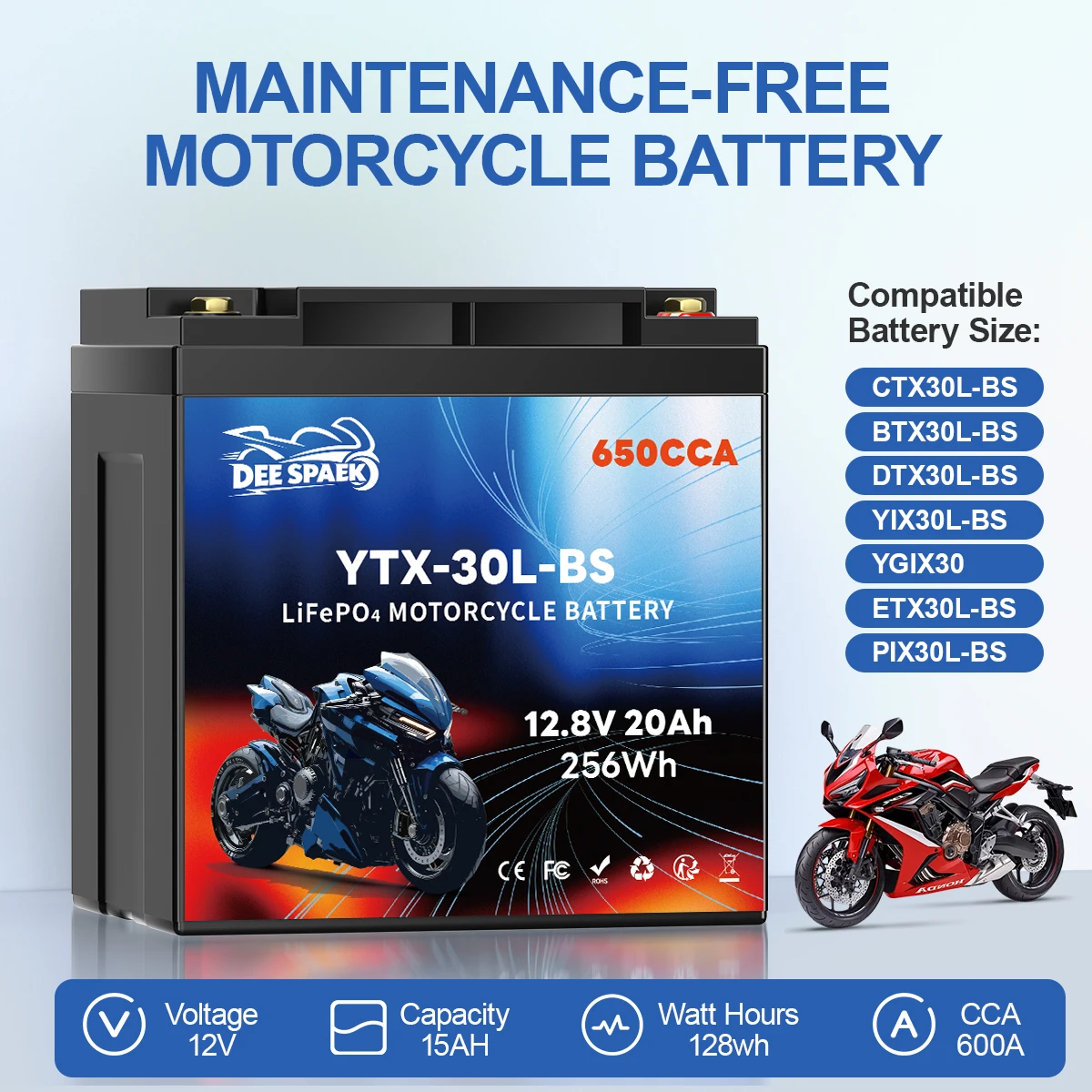 30L-BS 5L-BS 14L-BS 12V Motorrad-Starterbatterie LiFePO4-Batterie Lithium-Eisenbatterie 3,5-20Ah CCA 250-650A mit BMS ATV UTV