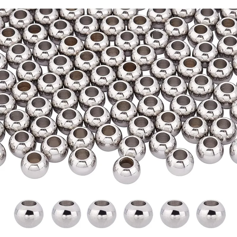 100pcs Ball Spacer Beads 8mm Round Loose Beads Glossy European Beads Stainless Steel Round Beads Metal Rondelle Beads