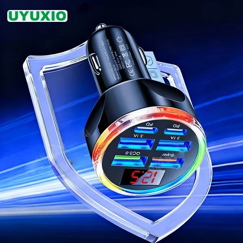 UYUXIO Multi Port USB C Car Charger Adapter 6 in 1 with Voltage Display Fast Charge with Volt Meter for iPhone 17 16 Samsung
