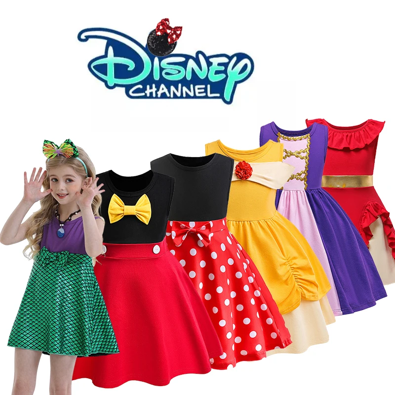 Disney 2 4 6 Y Girls Cute Princess Dress Summer Sleeveless Dress up Ariel Rapunzel Cotton Casual Dress Kids Snow White Clothing