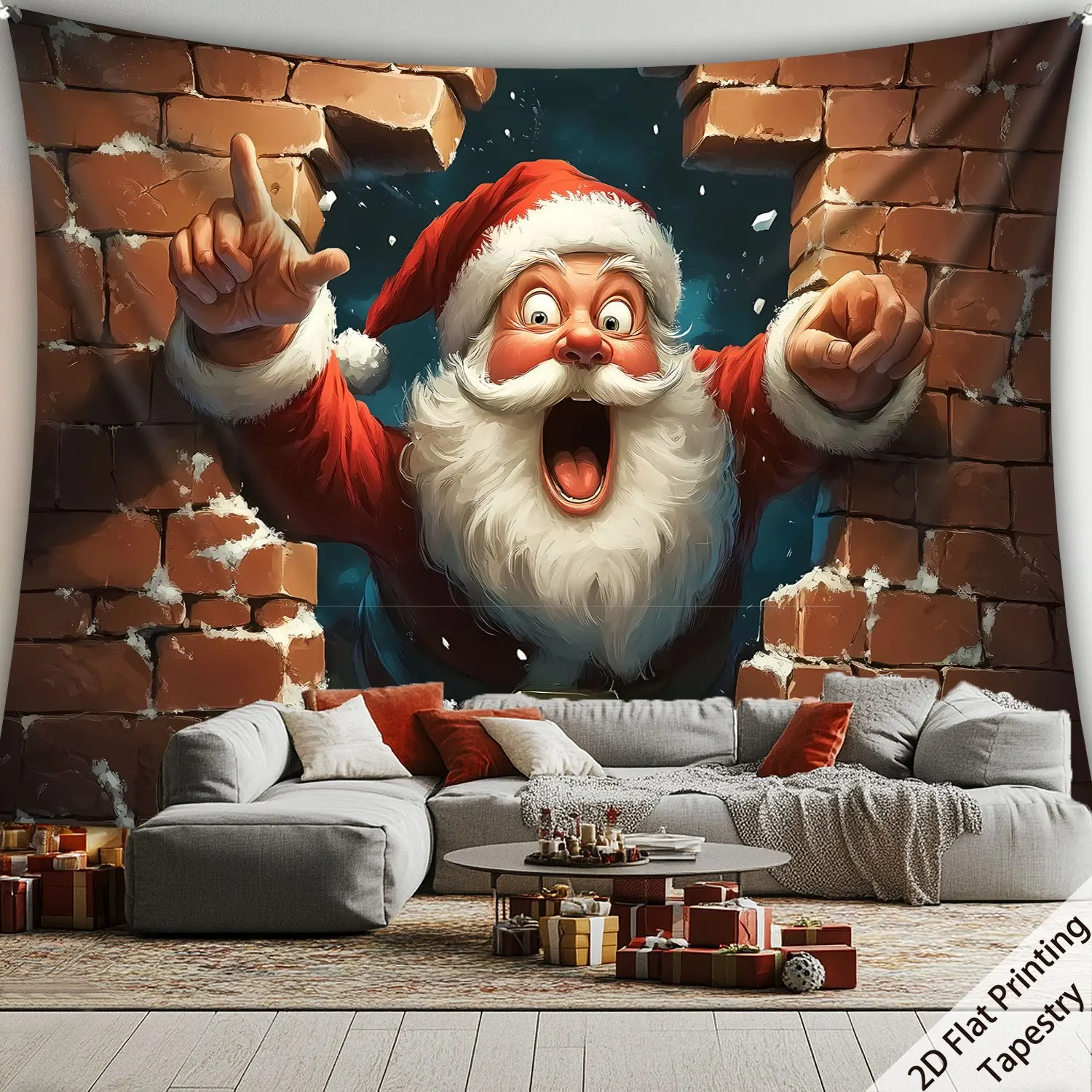 3D Illusion Santa Claus Breaking Wall Tapestry - Festive Christmas Decor  2D Flat Print for Living Room Bedroom Wall Art​