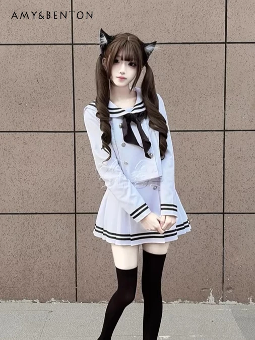 

Японский милый комплект школьной формы JK: синяя рубашка с длинным рукавом и бантом, юбка с высокой талией и плиссировкой, в студенческом стиле