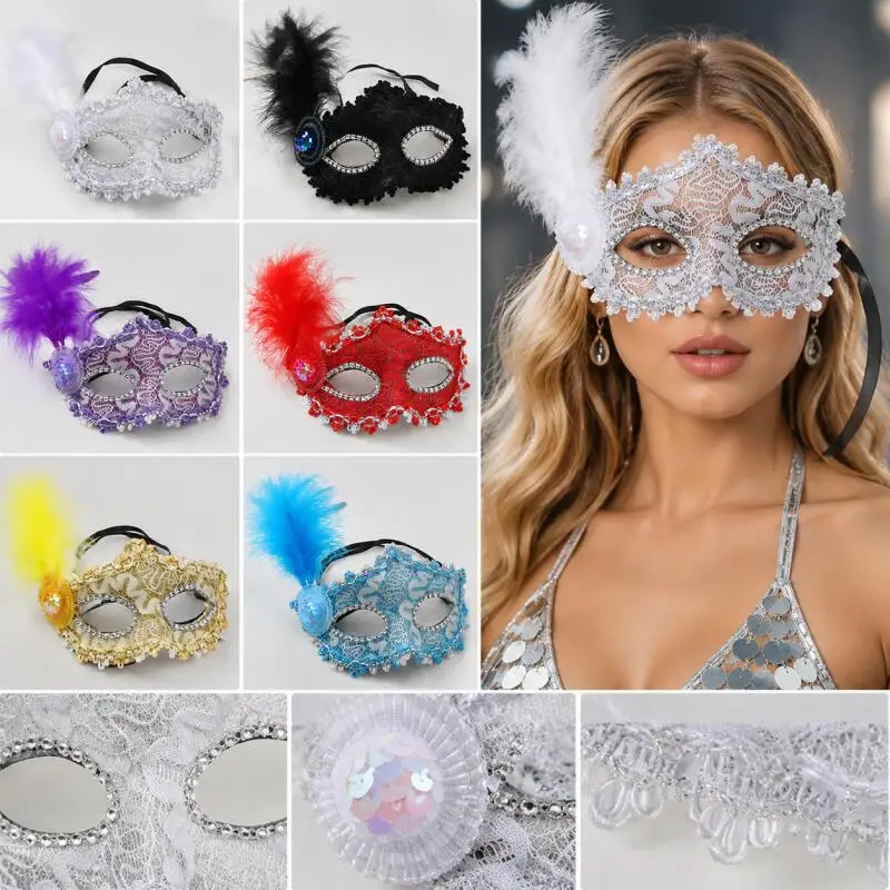 Venezianische Maskerade-Maske mit Feder-Spitze Pailletten-Halbgesichtsmaske für Damen Karnevalsparty Halloween-Kostüm Ball-Accessoire