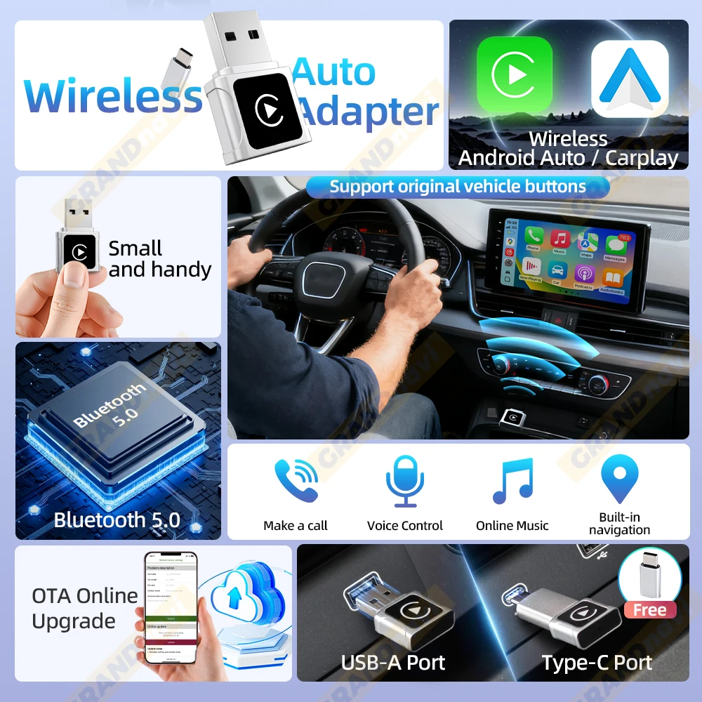 جديد لاسلكي CarPlay أندرويد محول السيارات السلكية إلى اللاسلكية 2 في 1 سيارة صغيرة Ai صندوق لأودي تويوتا VW بيجو التوصيل والشاحب #2