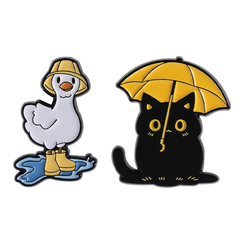 Cartoon Animal Series Enamel Pin Duck Black Cat Umbrella Rain Boots Accessories Badge Jewelry Gift for Kids Friends