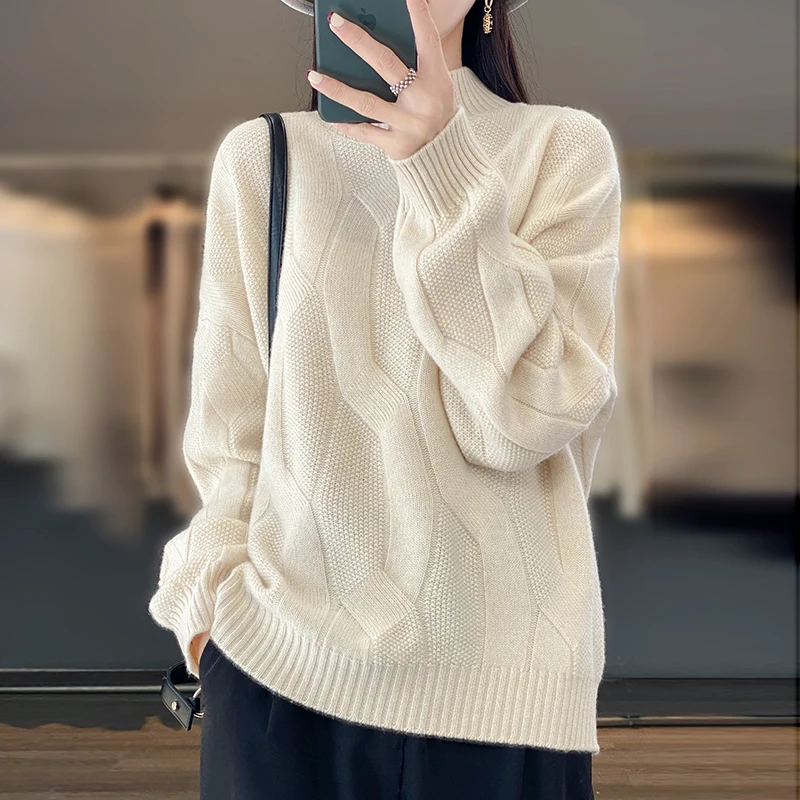 Korean Thickened Semi-turtleneck Sweater For Women 100% Merino Wool Long-sleeved Knit Top Autumn Winter Fashion Twist Sweater