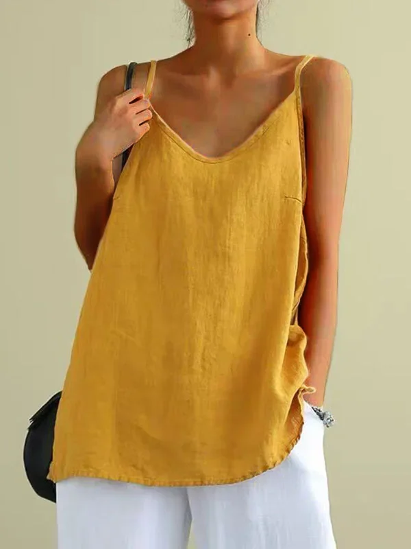 

Women's Summer Top Cotton Linen Spaghetti Strap Top Women Halter V Neck Basic Yellow Sleeveless Tank Tops Loose Casual Camis