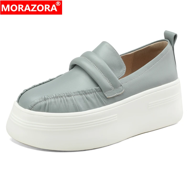 

MORAZORA 2024 New Genuine Leather Shoes Women Platform Flats Slip On Thick Bottom Sweet Black Blue Spring Autumn Casual Shoes