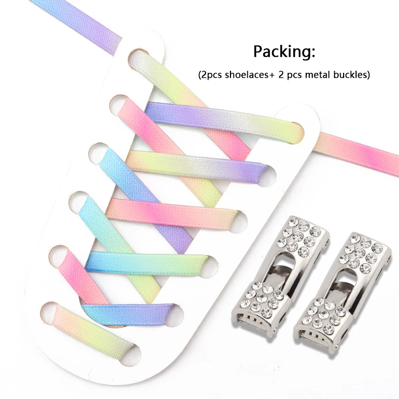 Rainbow No Tie Shoelaces Adults Kids 8MM Wide Flats Rubber Shoelace Elastic Sneaker Laces Diamond Cross buckle Shoe Accessories