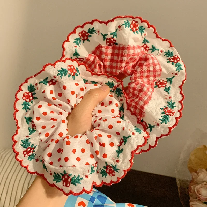 Polka Dot Plaid Lace Edge Hair Band Large Intestine Ring Rubber Band Tie up a Bun Hairstyle Hair Rope High Ponytail Head Rope