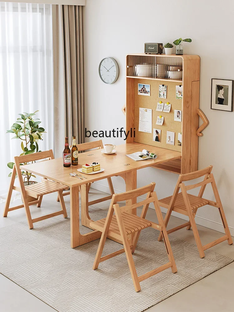 Small apartment telescopic folding dining table and chair combination household solid wood dining side cabinet