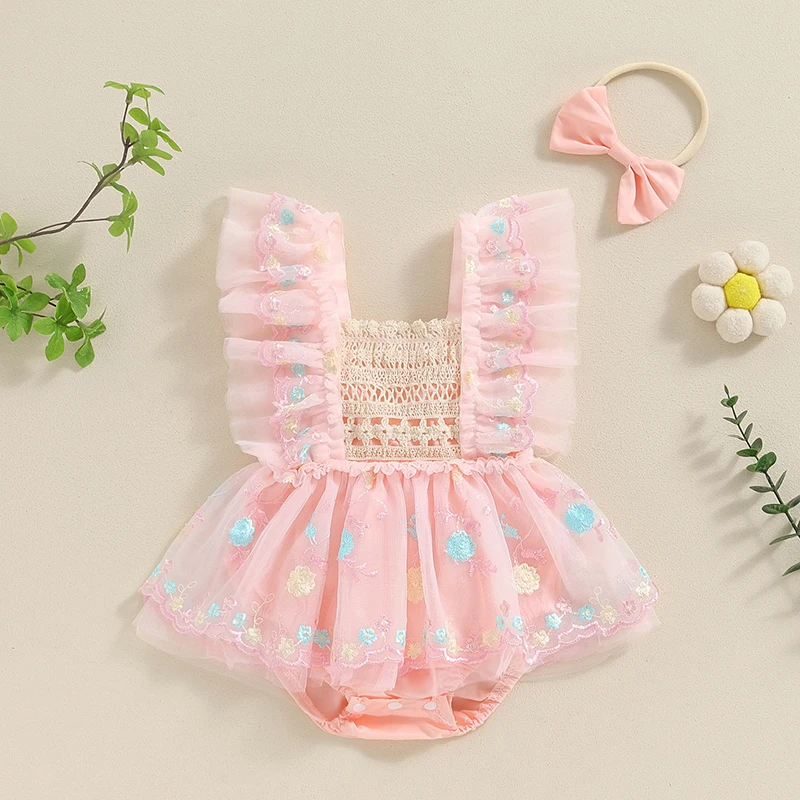 Summer Baby Girl Romper Dress Headband Flower Embroidery Princess Mesh Jumpsuit For Newborns Clothes