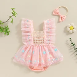 Summer Baby Girl Romper Dress Headband Flower Embroidery Princess Mesh Jumpsuit For Newborns Clothes