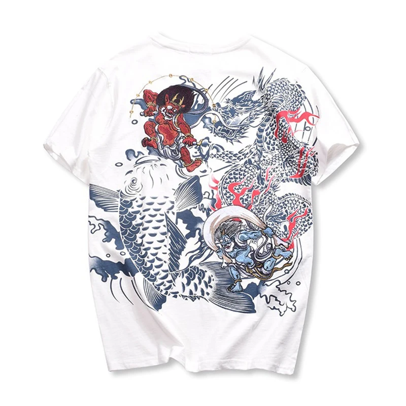 Lyprerazy Japanese Harajuku Ukiyoe Vintage Embroidery T Shirt Men\'s Carp Fish Dragon Embroidery Chinese Style Printing T Shirts