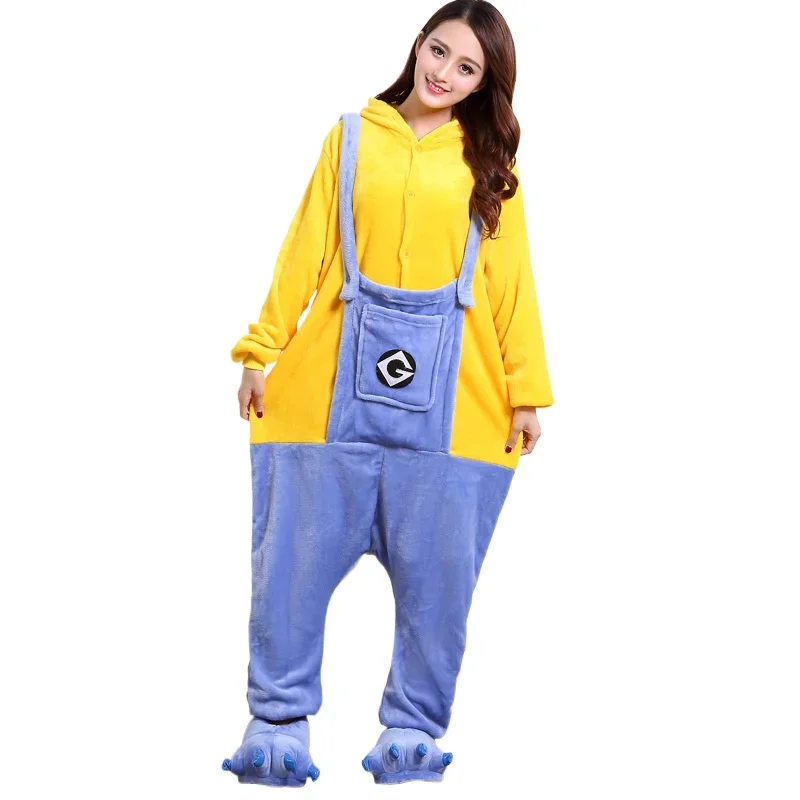 

Minionsed Autumn Winter Adult Cartoon One Piece Pajamas Flannel Hooded Onesie Home Wear Soft Warm Loungewear for Men and Women