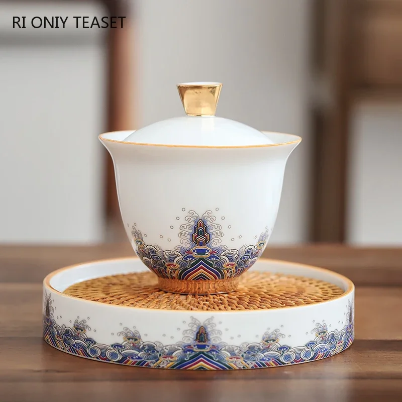 

Chinese Exquisite White Porcelain Gaiwan Pot Bearing Handmade Ceramic Tea Tureen Teacup Household Tea Bowl Portable Teaware