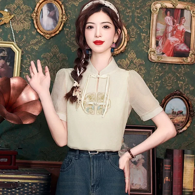 Summer Fashion Embroidery Chiffon Blouse Shirt Women Tops Blusas Mujer De Moda 2024 Verano Short Sleeve Blouse Women Blusa H582