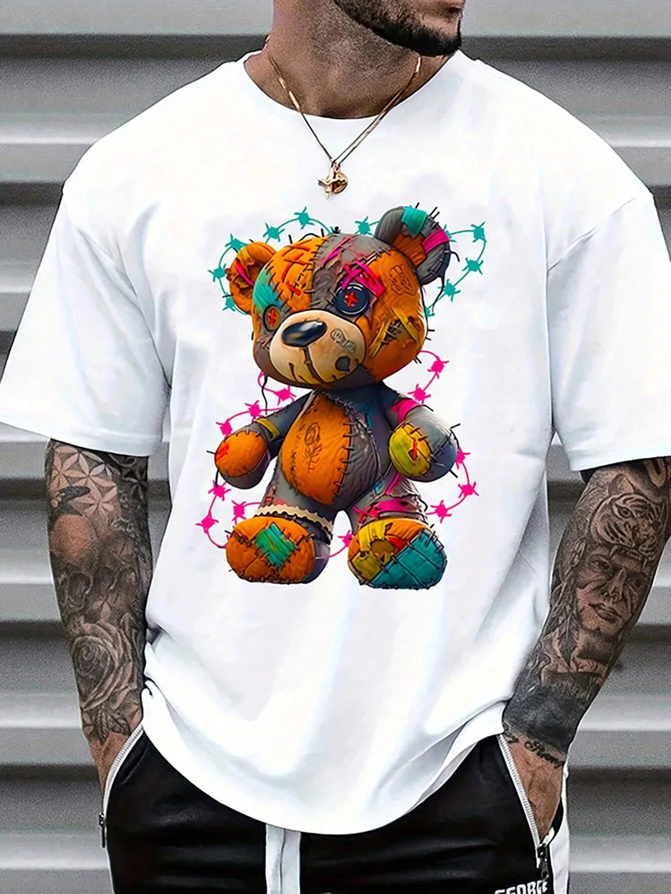 

Summer cartoon bear print men's 100% cotton T-shirt luxury brand fashion street loose breathable round neck short-sleeved top