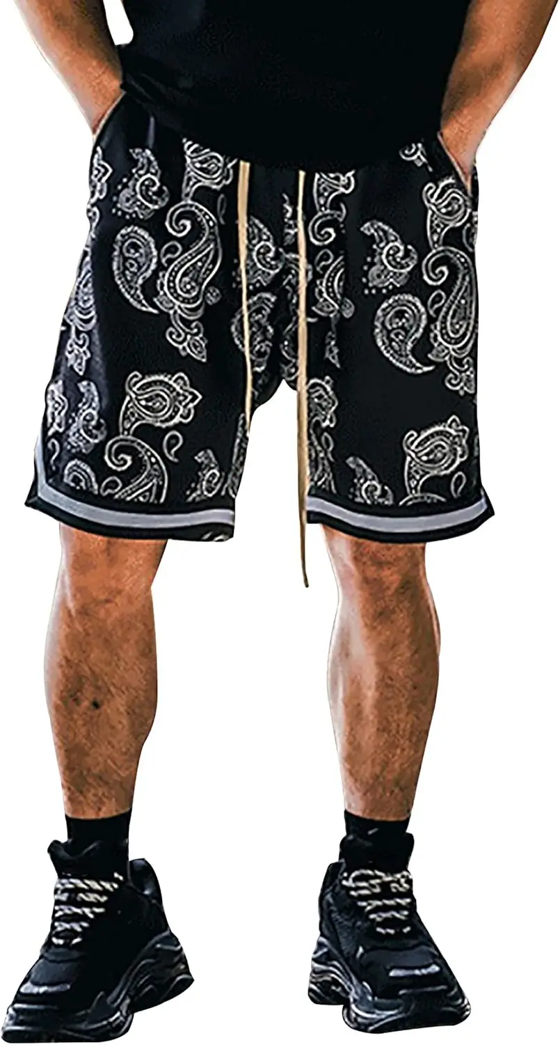 MECH-ENG Men's Paisley Shorts Athletic Casual Workout Gym Basketball Shorts Bandana Drawstring Shorts