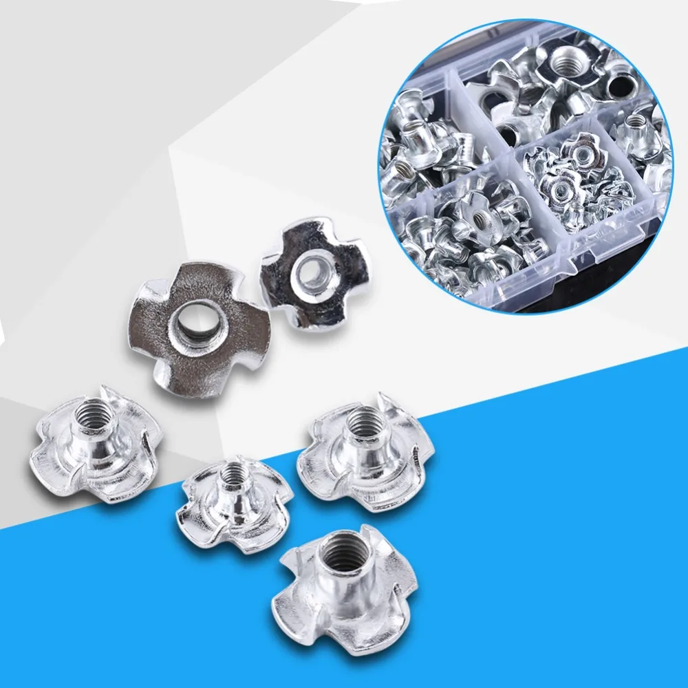 90pcs Four Claw​ T Nuts​ Carbon Steel​ M3/M4/M5/M6/M8​ Blind Inserts​ Zinc Plated​ Four Pronged Nuts​