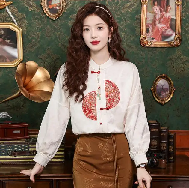 New Chinese style  button up jacquard embroidered stand up collar shirt 2024 spring new retro long sleeved top