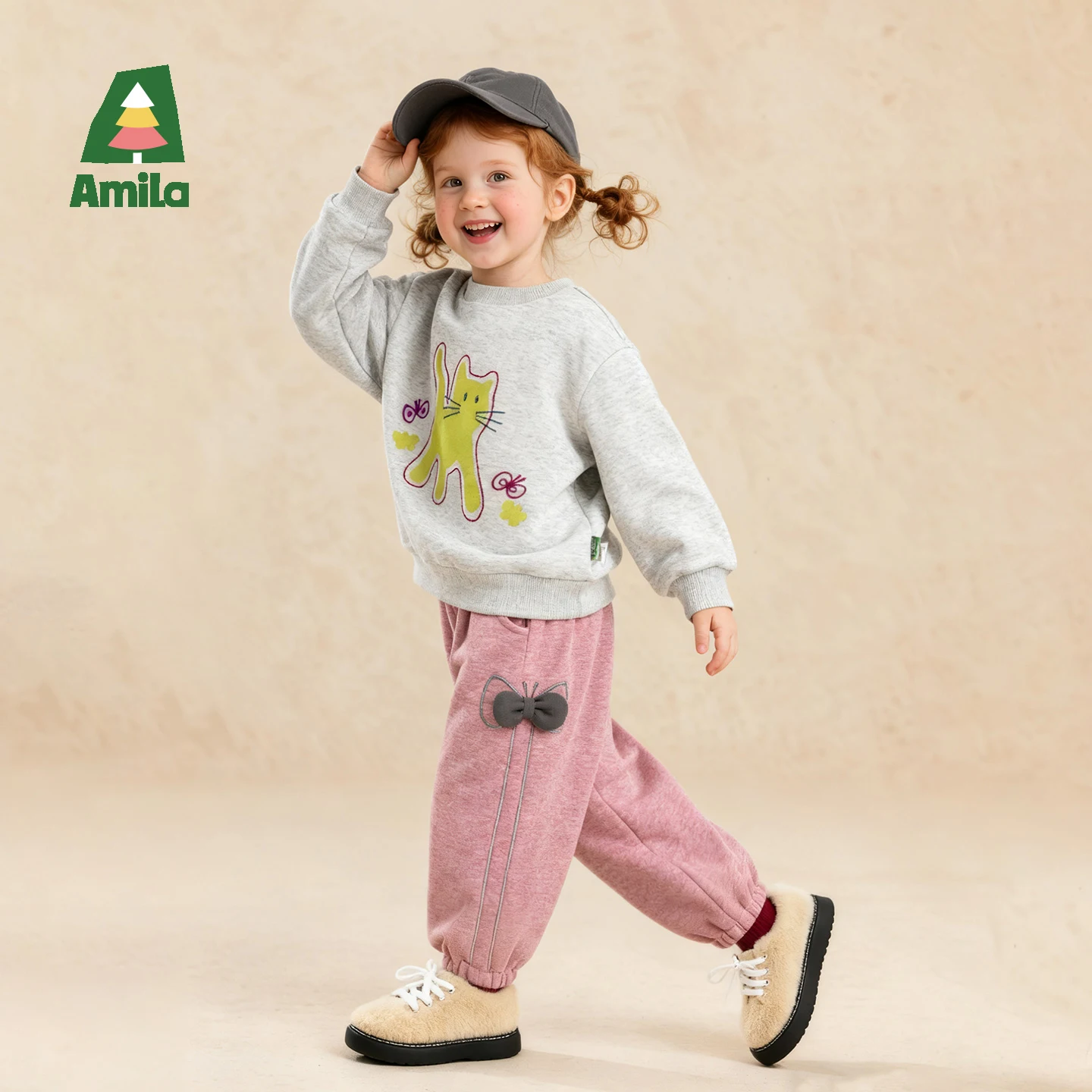 Amila Kids' Winter Round Neck Hoodie With Animal Print Pattern Versatile Basic Soft Fleece Winter Inner