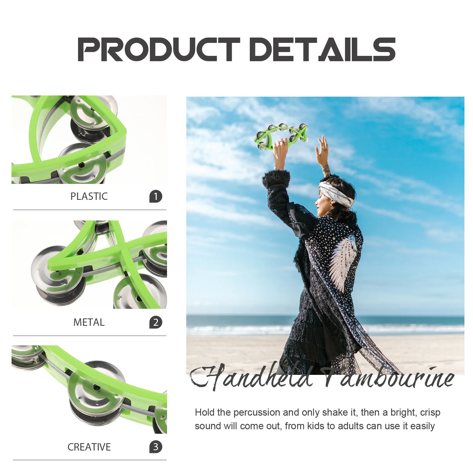 Handheld Tambourine for and Adults Premium Plastic Metal Percussion Instrument Bright Crisp Sound Portable Party Stage