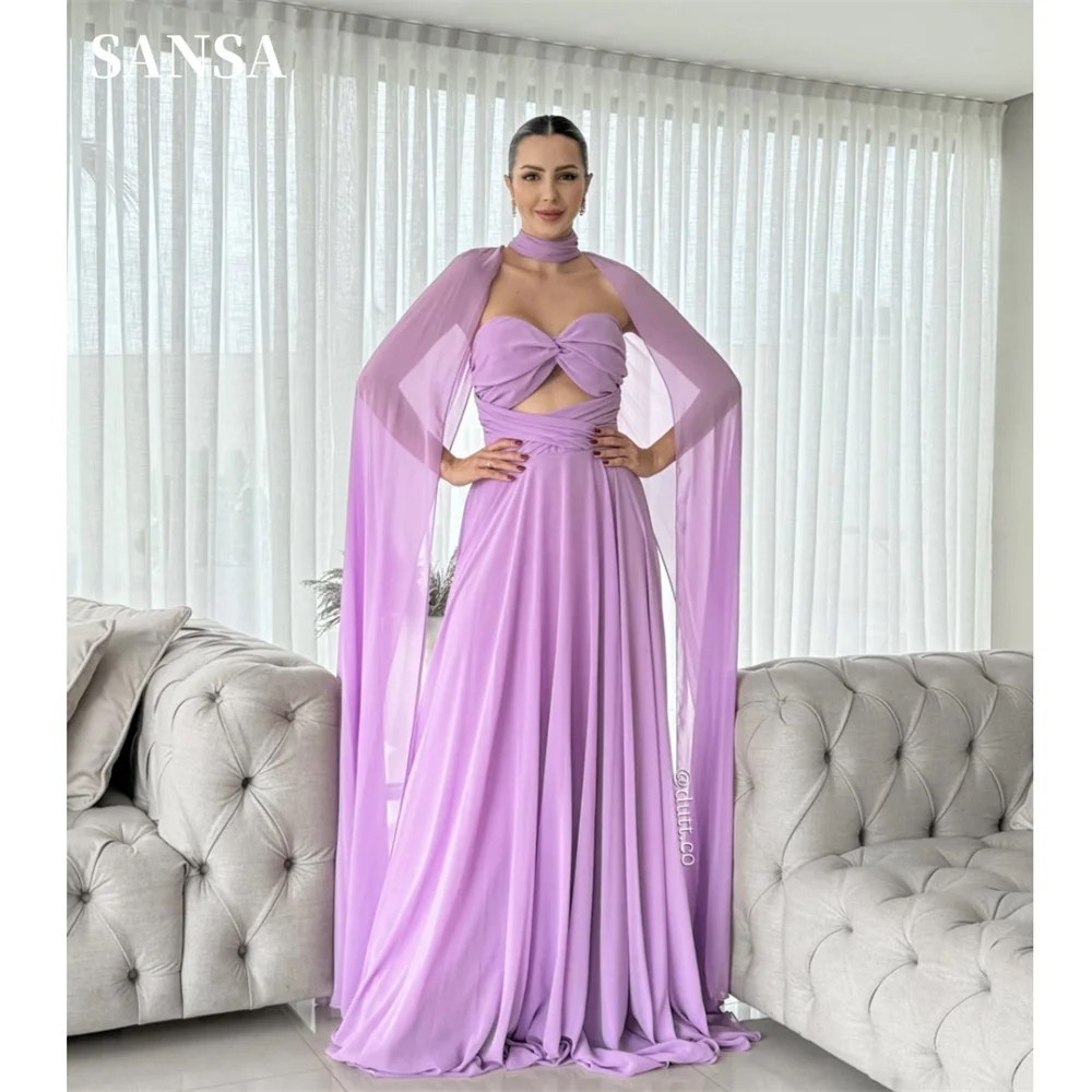 

Sansa Lilac Purple فساتين السهرة Sexy Cape Sleeve Chiffon Vestidos De Noche Elegant Hollow Waist Prom Dresses 2024