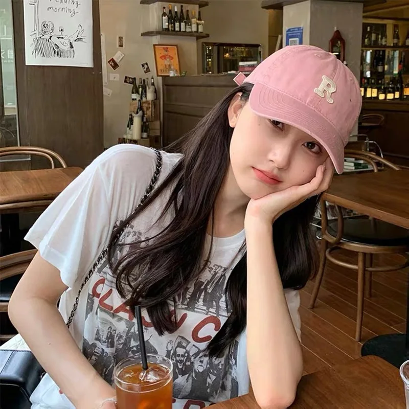 High Quality White Pink Baseball Cap Female Korean Rose Powder Cap Small Face Streetwear Embroidery Letter R Hat Basket Homme