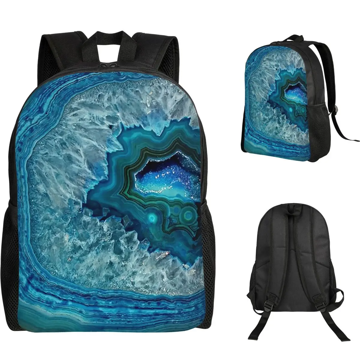 Teal Aqua Turquoise Blue Rock Agate Mineral Crystals Pattern Backpack Student Boys Girls BookBag School Bag Laptop Shoulder Bags
