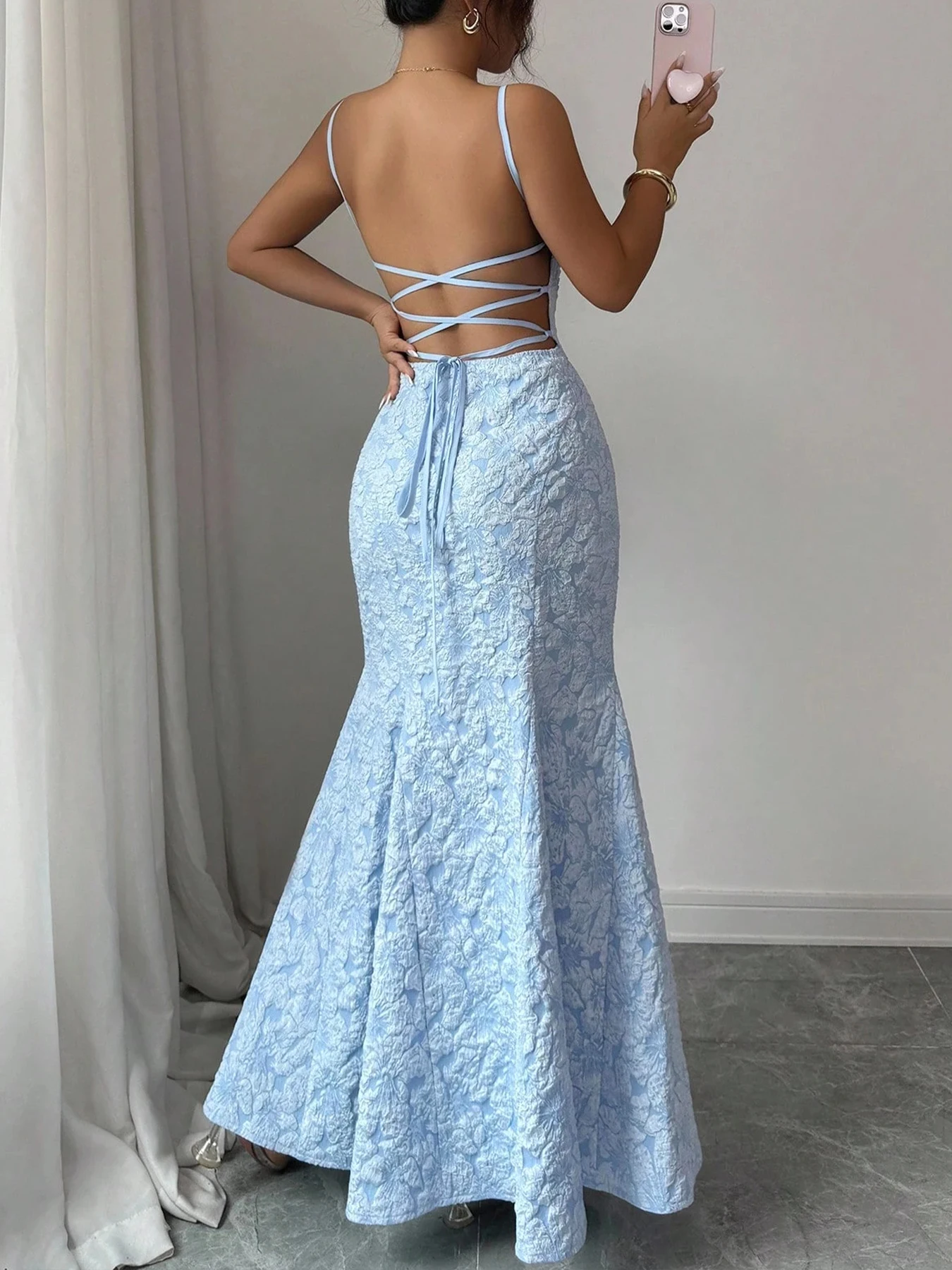 Women's Spring Summer Light Blue Spaghetti Strap Strapless Jacquard Mermaid Maxi Evening Party Dress
