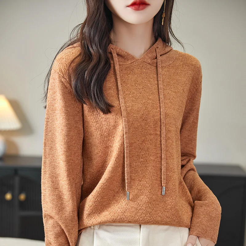 Autumn Winter Women New Wool Blend Sweater Outwear Hooded Collar Hollow Carving Pullover Bottoming Casual Warm Knitting Tops