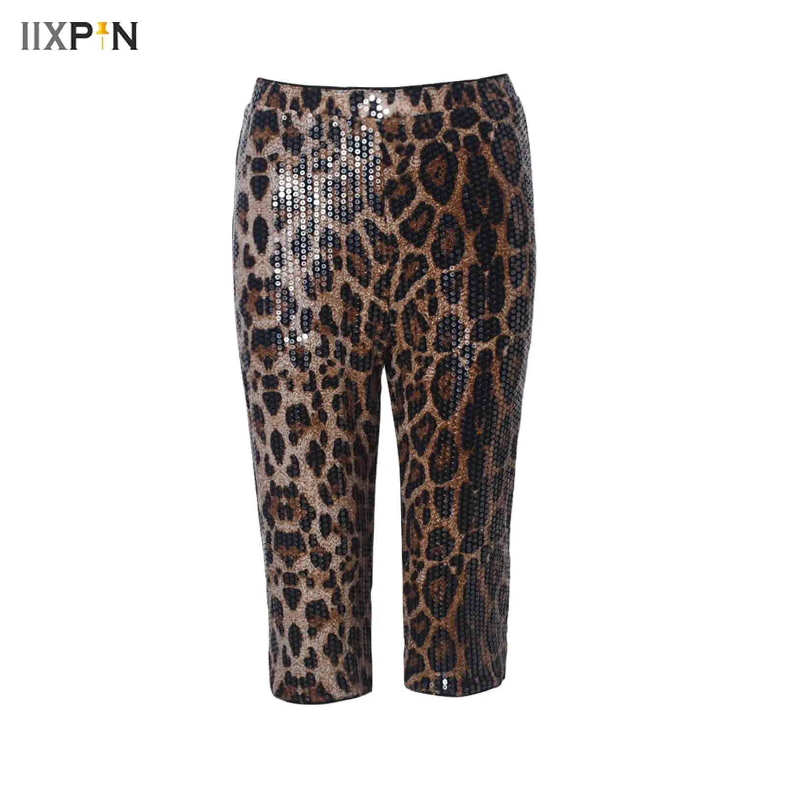 

Women Leopard Capri Pants Elastic Waist Straight Leg Stretchy Half Pants Sparkly Sequined Club Disco Trousers for Party Festival