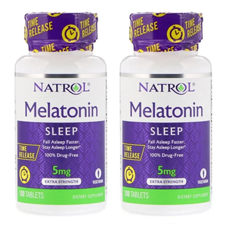 2pcs Natrol, Melatonin, Time Release, Extra Strength, 5 mg, 100 Tablets, Vitamin B-6, Fall Asleep Faster, Stay Asleep Longer