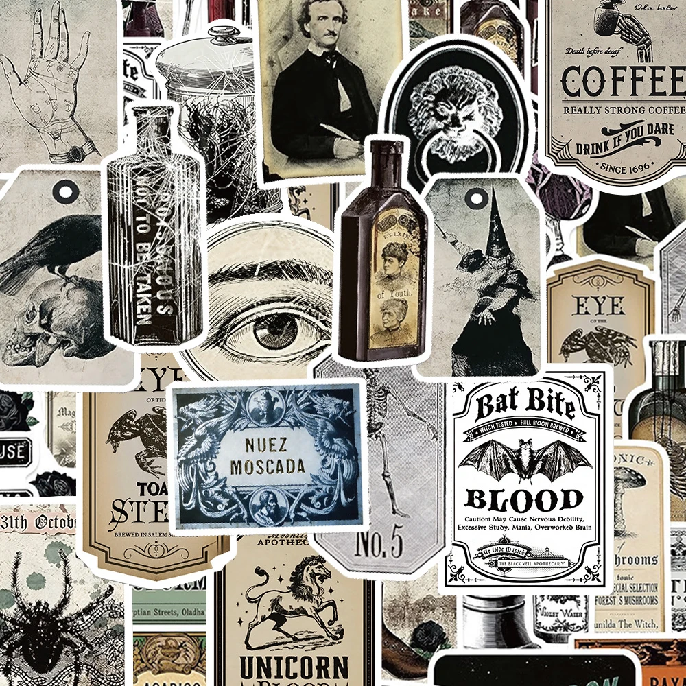 

10/30/50pcs Retro Potion Bottle Labels Stickers Cool Gothic Decals Decoration DIY Suitcase Water Bottle Phone Waterproof Sticker