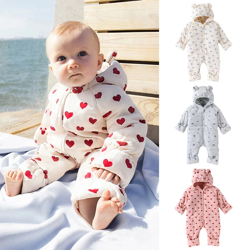 Baby Winter Cotton-padded Hooded One-piece Suit Pure Cotton Thickened Warm Crawling Suit Clothes for Boys and Girls Romper