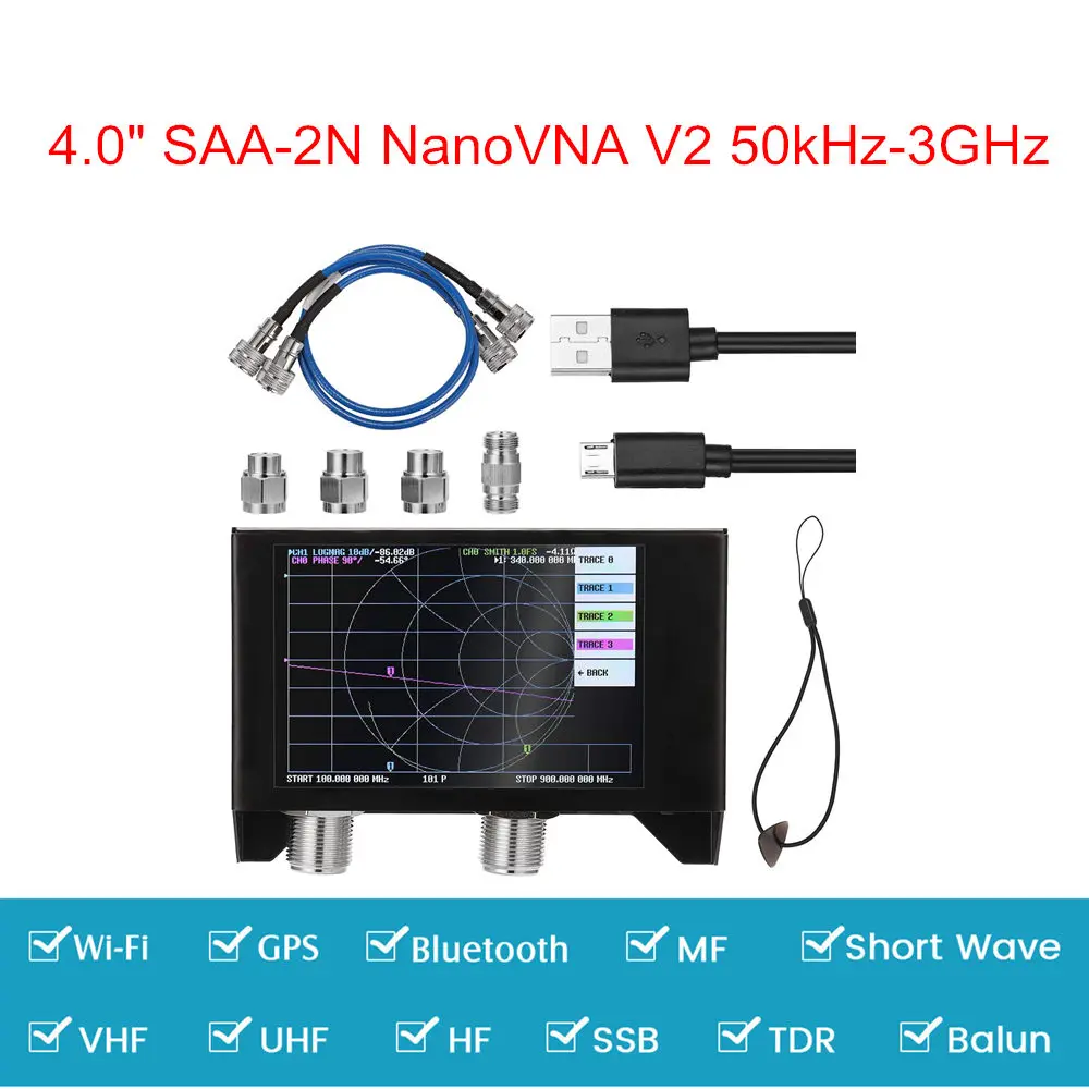 Nanovna v2 Analisador de Antena de Ondas Curtas hf Vhf Uhf com 4.0 Polegada Tft Lcd Toque Exibição Vetor Kit Analisador de Rede 3g Saa2n