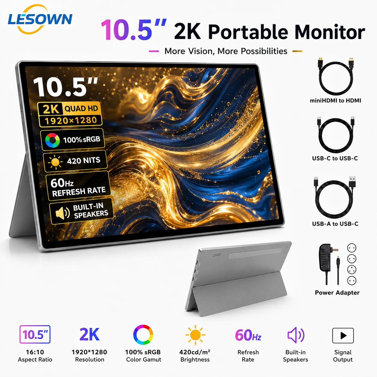 LESOWN 10.5" Mobile Monitor 2K sRGB 100% Panel Instant Connection Portable Screen for Gaming Laptop