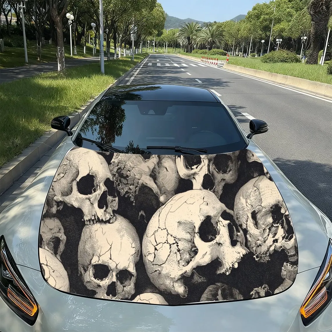 

Skull Pile Dark Style PVC Car Hood Wraps, Self-Adhesive Waterproof Car Bonnet Decal Sticker, Car Decoration Protection Stickers